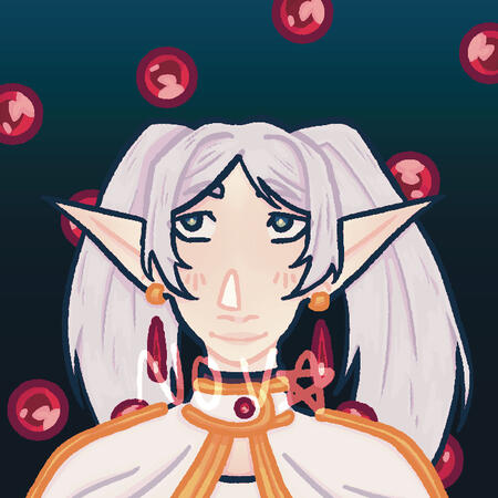 Frieren Frieren, from Frieren: Beyond Journey’s End. She is looking absentmindedly to the upper left and smiling contently. The background is a dark blue-ish green with floating red gems that match her earrings and staff.