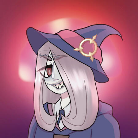 Susie from LWA. She’s wearing her witches’ outfit and staring kind of evilly down past the camera. A blurry mushroom is in the background.