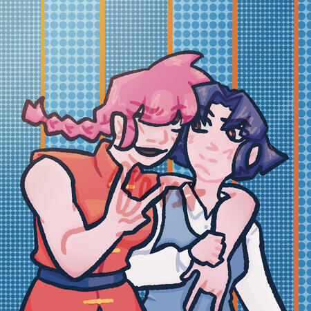 Ranma and Akane from Ranma 1/2. Ranma, in his girl body, is leaning on Akane and doing hte rocker symbol with his right hand. Akane looks annoyed and affronted by his blatant PDA.