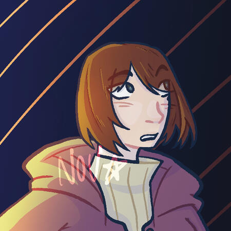 Momo VITG Momo from Vampire in the Garden. She is wearing a cream turtleneck and a pink coat. She is looking to the upper right. The background is dark navy blue with yellow diagonal stripes.