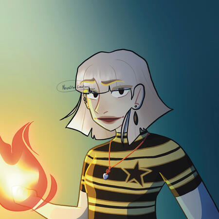 Jentry Chau badge Jentry Chau from jcvtu. She is wearing her yellow and black striped star shirt and has a ball of fire in one hand. She’s looking directly at the camera.