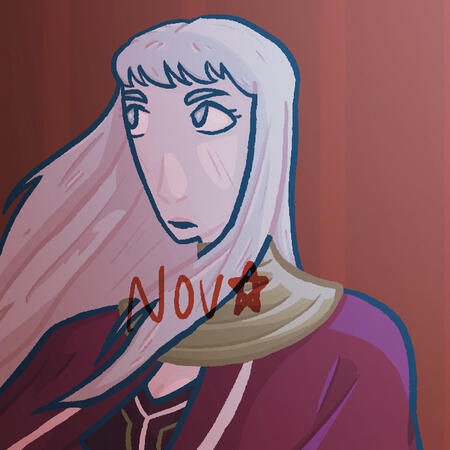 Fine from Vampirein the Garden. She is wearing a red dress and cloak, and gold collar. Her hair is blowing in the wind. The background is red, with faint stripes.