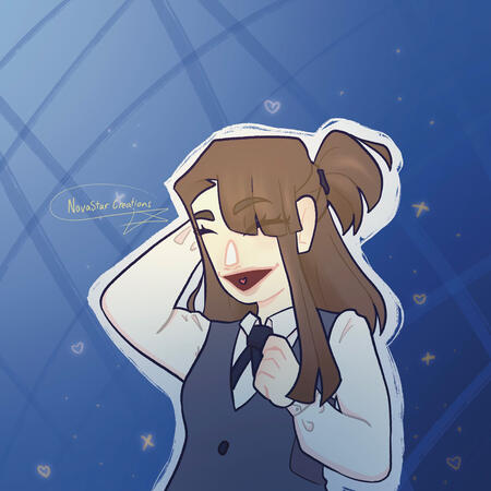 Akko from LWA. She is in her witches’ uniform and laughing with a starry abstract background.