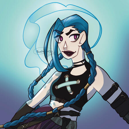 Jinx Badge Jinx from arcane. She’s wearing her season one (episodes 4-9) outfit and looking past the camera. Blue smoke curls in the background.