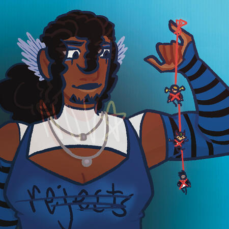 Rejects! BigBst4t2 from Past Life SMP in his rejects skin. He has the other rejects attached together via red string, dangling from his pinkie. From the top down: Jimmy, Joel, Skizz, also in their rejects skins but chibi-fied.