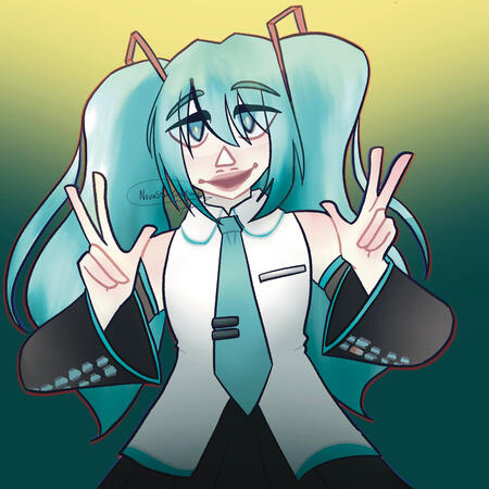 Miku badge Hatsune Miku. She is wearing her normal outfit and doing peace signs while looking at the camera.