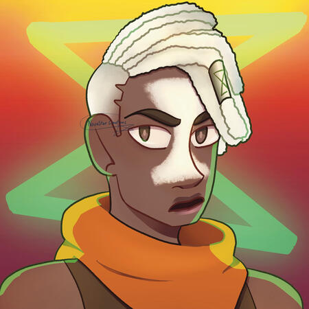 Ekko from arcane. He is in his season one (episodes 3-9) outfit and staring past the camera, mid-sentence. A simplified green hourglass symbol is in the background.