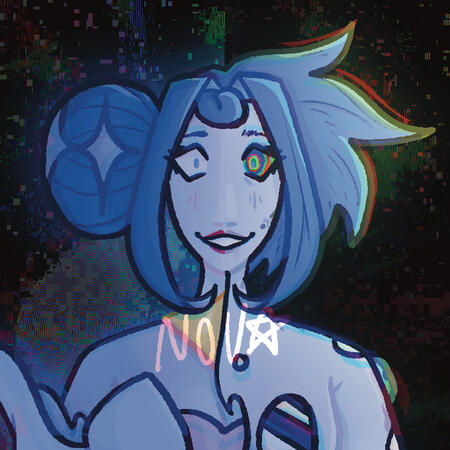 Princess Guinevere from the Knights of Guinevere pilot. The badge is split down the middle, with Gwen in her restored form on the left and her damaged form on the right. The background is black and glitchy and her right eye is experiencing colour spill.