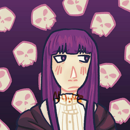 Fern Fern from Frieren: Beyond Journey’s End. She is looking tiredly to the right. The background is purple, with a bunch of floating skulls.