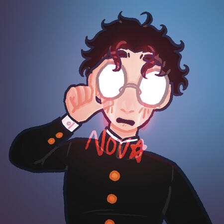 Okarun from DanDaDan. He is tilting his whole body to the right and adjusting his glasses. Over his eyes are the faint glowing marks of his Turbo Granny form. The background is blue.