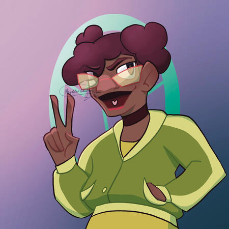 April Badge April O’Neil from RotTMNT. She is doing a peace sign and looking past the camera. Her hand is in her pocket and the Mad Dogs symbol is behind her.