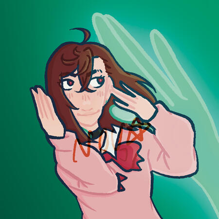 Momo from DanDaDan. She is leaning to the left, with her hands either side of her face. Behind her is a glowing green hand, tilted similarly. The background is also green.