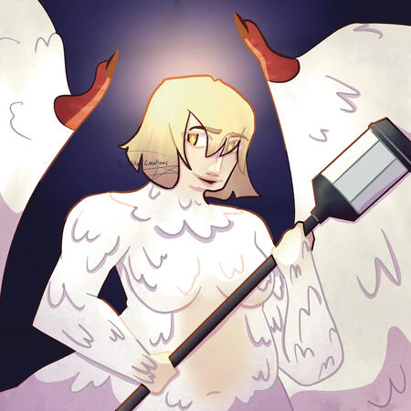 Falin Badge Chimera Falin from Delicious in Dungeon. She is holding her mace and looking slightly past the camera