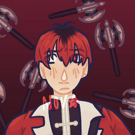 Stark from Frieren: Beyond Journey’s End. He is looking nervously to the left. The background is red, with copies of his axe floating around.