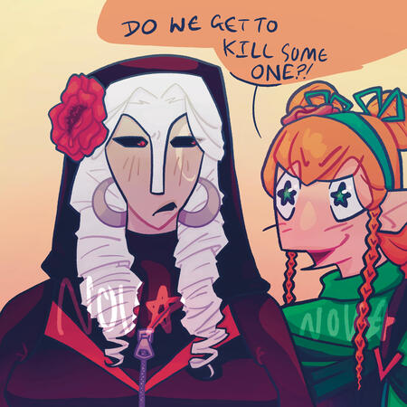 Pearlescentmoon and GeminiTay from Past Life SMP standing next to each other. Gem is asking a Pearl if they get to kill someone, referencing a scene in episode 5 of the series.