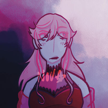 Yuka Yuka from Blue Period. They are wearing red and black nightwear and makeup. The watercolour background and pinkish blue light make them appear to have pink hair.