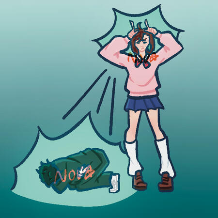 Momo and Okarun from DanDaDan. Momo is recreating the “period cramp projection beam” meme, and Okarun is her victim. The background is a white to dark teal gradient.