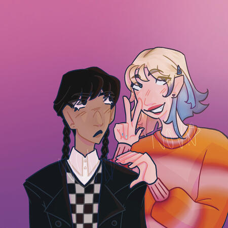 Wenclair Wednesday Addams and Enid Sinclair from the Wednesday show. Enid is doing a peace sign with her left hand and half a heart with her right, smiling and posing, waiting for Wednesday to join in. Wednesday just looks confused.