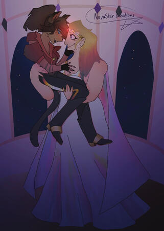 Catra and Adora from She-Ra and the Princesses of Power in their clothes from Adora’s vision. They are smiling at each other with their heads pressed together, and Adora is bridal carrying Catra. It is night, someone within the Brightmoon palace.