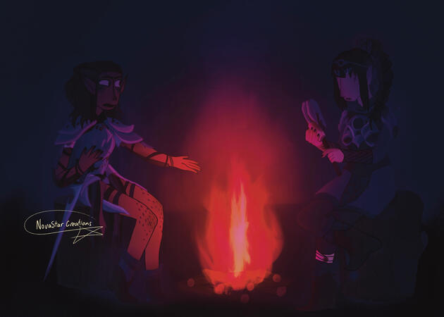Lae’Zel (left) and Shadowheart (right) from Baulder’s Gate 3 sitting on two stumps either side of a medium-sized fire at night. Lae’Zel is clearly aggravated, and Shadowheart is calm, cleaning her mace of blood.