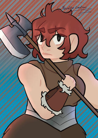 Namari Print Namari from the Delicious in Dungeon anime looking distrustingly at the camera, with her halberd in hand.