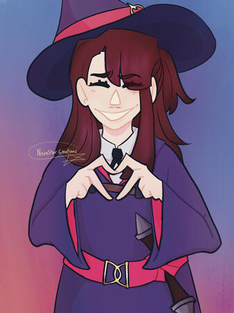 Akko Print Akko from LWA. She’s smiling sheepishly with her eyes closed and making a heart with her hands at the camera. She’s wearing her witches’ outfit.