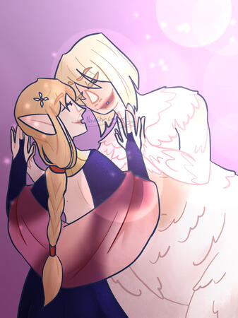 Farcille Print Marcille and Chimera Falin from Dunmeshi. They are gently touching hands and smiling at each other with their eyes closed. Marcille is wearing a black long sleeve dress with a low cut back and red mesh shawl and facing away from the camera.