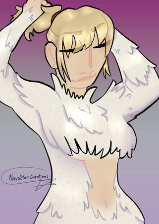 Chimera Falin print An image of the top half of Falin (Chimera form) from the Delicious in Dungeon anime. She is tying her hair up in a ponytail using a red ribbon.