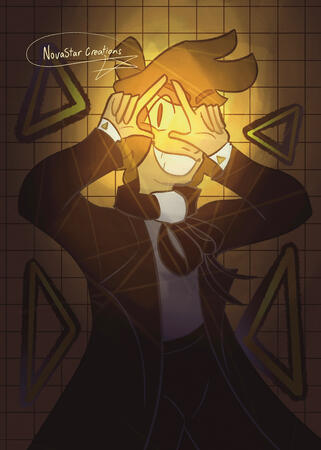 Bipper Print Bipper from Gravity Falls manically smiling at the camera. He is posing, with one eye surrounded by his hands, which form the shape of a triangle. His eye is glowing.