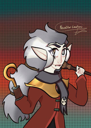 Eda the Owl Lady from The Owl House, looking cheekily at the camera. She is in her season 3 timeskip clothes and holding Owlbert’s staff next to her face.