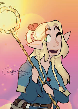 Marcille Print Marcille from the Delicious in Dungeon anime holding her staff, Ambrosia, which is casting a minor light spell. She is smiling and, posing with her staff in hand, and looking directly at the camera, winking.