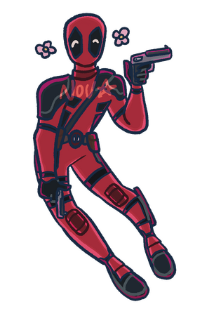 Deadpool Deadpool from the Marvel Cinematic Universe. His body language is happy and he has flowers around his head, suggesting joy. He is holding a gun in each hand.