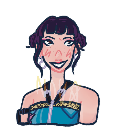 A bust of Zoey from K-Pop Demon Hunters. She is wearing a blue zip up crop top, silver earrings and a small black pouch on her arm. She is smiling a devious grin.
