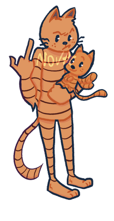 Petey the cat from Dogman. He looks grumpy. He is standing, holding Li’l Pete, and pointing the middle finger at the camera.