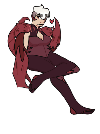 Scorpia keychain Scorpia from Spop. She is sitting and smiling past the camera while making a floating heart with her pincer.