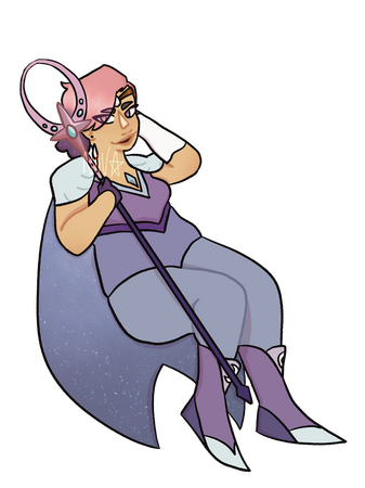 Glimmer from Spop in her queen outfit. She is sitting, holding her staff and looking past the camera. Her other hand is behind her head.