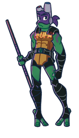 Donatello from Rise of the Teenage Mutant Ninja Turtles, he is wearing the ninja gear from the movie. He is looking at the camera. His body language is self assured, but he has a semi-aggressive and unsure expression on his face. He is holding his bō staff