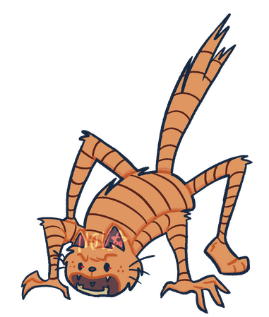 Petey the cat from Dogman. He is crouching and hissing, his fur spiked. His eyes have a red glint to them.