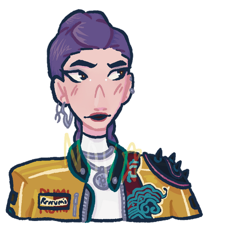 A bust of Rumi from K-Pop Demon Hunters. She is wearing a white turtleneck, yellow racing jacked and silver jewellry. She is smiling confidently