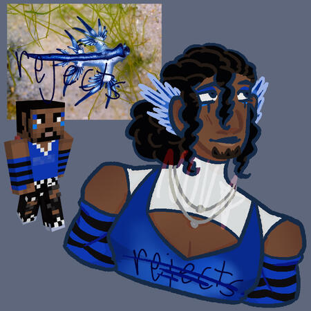 BigBst4t2 A bust of BigBst4t2, inspired by his Past Life SMP skin. He has frills attached to his ears reminiscent of blue sea dragon frills.