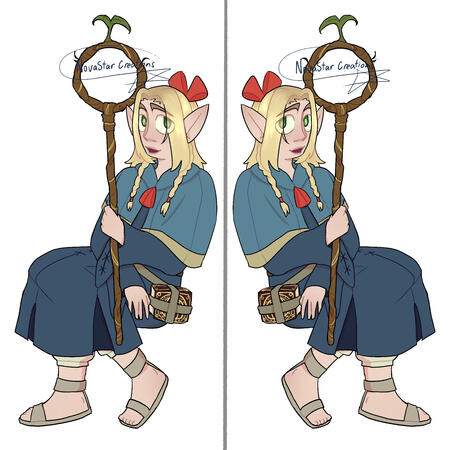 A keychain of Marcille from the Delicious in Dungeon anime. She is sitting with one leg crossed over the other, holding her staff. She is mirrored on the other side of the canvas.