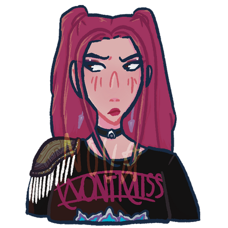 A bust of Mira from K-Pop Demon Hunters, wearing her WONT MISS Huntr/x shirt, as well as a pauldron on her right shoulder, silver spiked earrings, and a black choker with a silver clip on it. She is looking unsure.