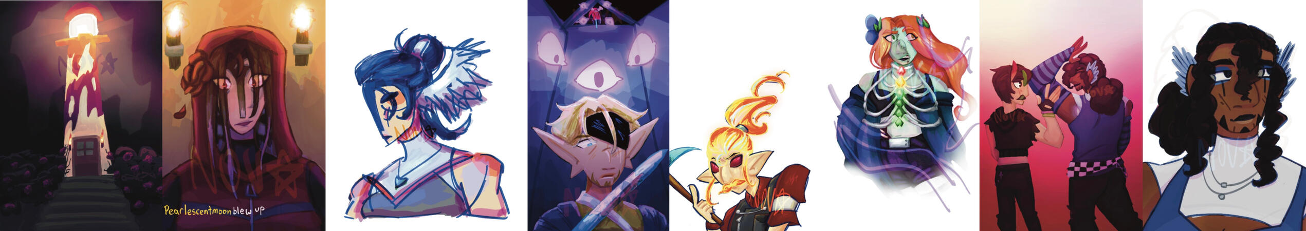 Past Life Zine All the artworks from the Past Life SMP zine. From left to right: The Villies’ Lighthouse, Pearl right after her death, Pearl at the start, the final standoff between Martyn and Grian, Mango, Cleo, BigBB and JumboBeans, BigB on his own.